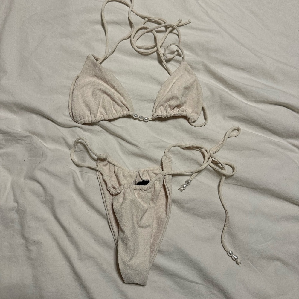 SAME Los Angeles White Beaded Triangle Bikini Set